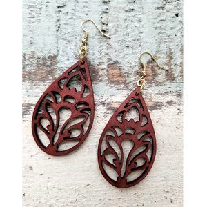 Earrings. Brown Carved Wood. Pierced. NWT.
